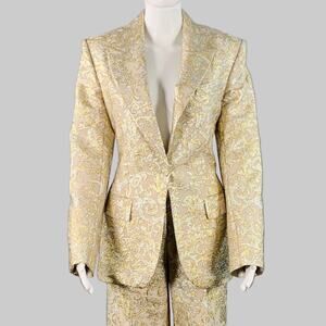 2 Metallic Gold Silver Polyamide Blend Jacquard Peak Lapel Pantsuit